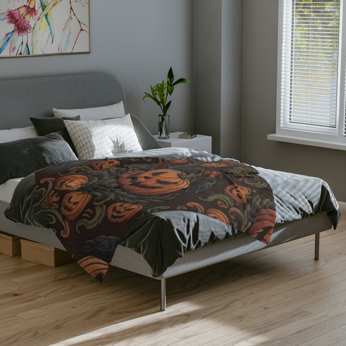 Jack-O-Lantern and Crow Velveteen Microfiber Blanket