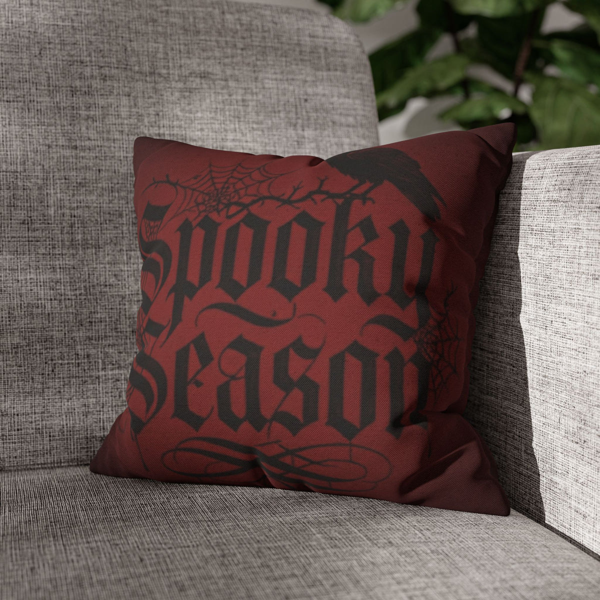 Spooky Season Crow Red Pillow Cover